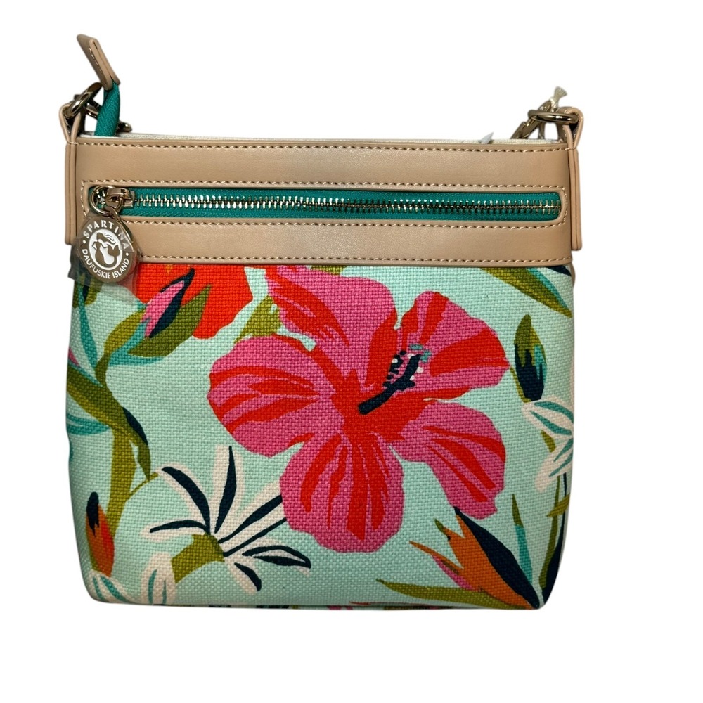 Spartina 449 Crossbody Bag 9" Aqua Tropical Floral Tan Adjustable Strap New - Picture 6 of 9